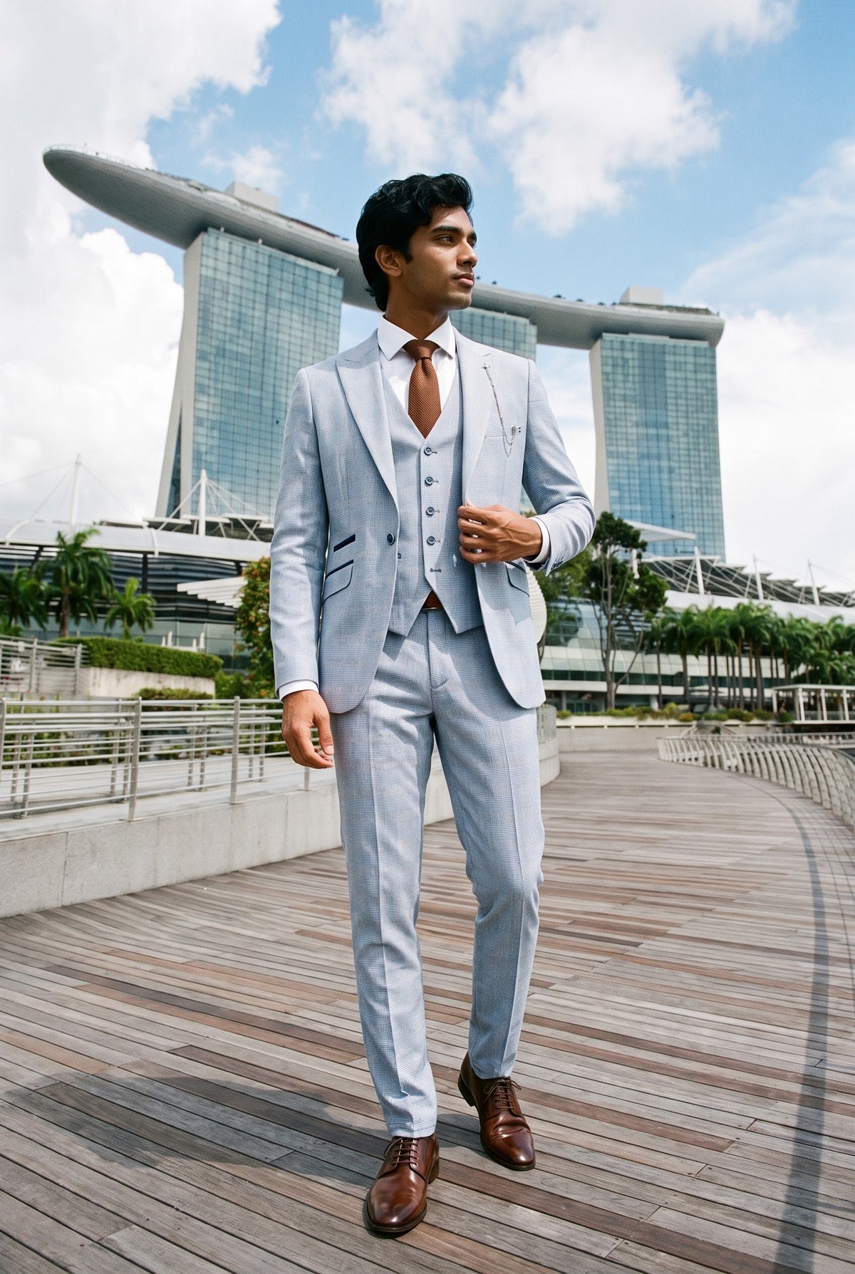 Look #1007 styled with Mens 3 Piece Check Suit Tweed Light Blue Tailored Fit Wedding Peaky Classic