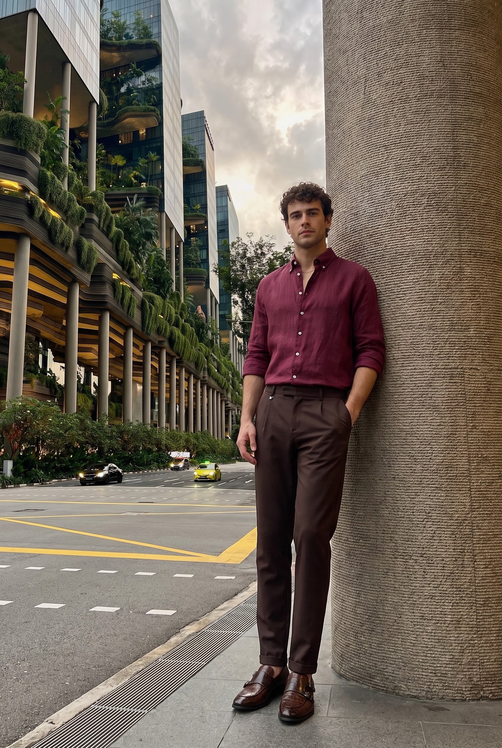 Look #894 styled with Men’s Brown Pleated Gurkha Trousers Adjustable Waist Tailored Tapered Fit