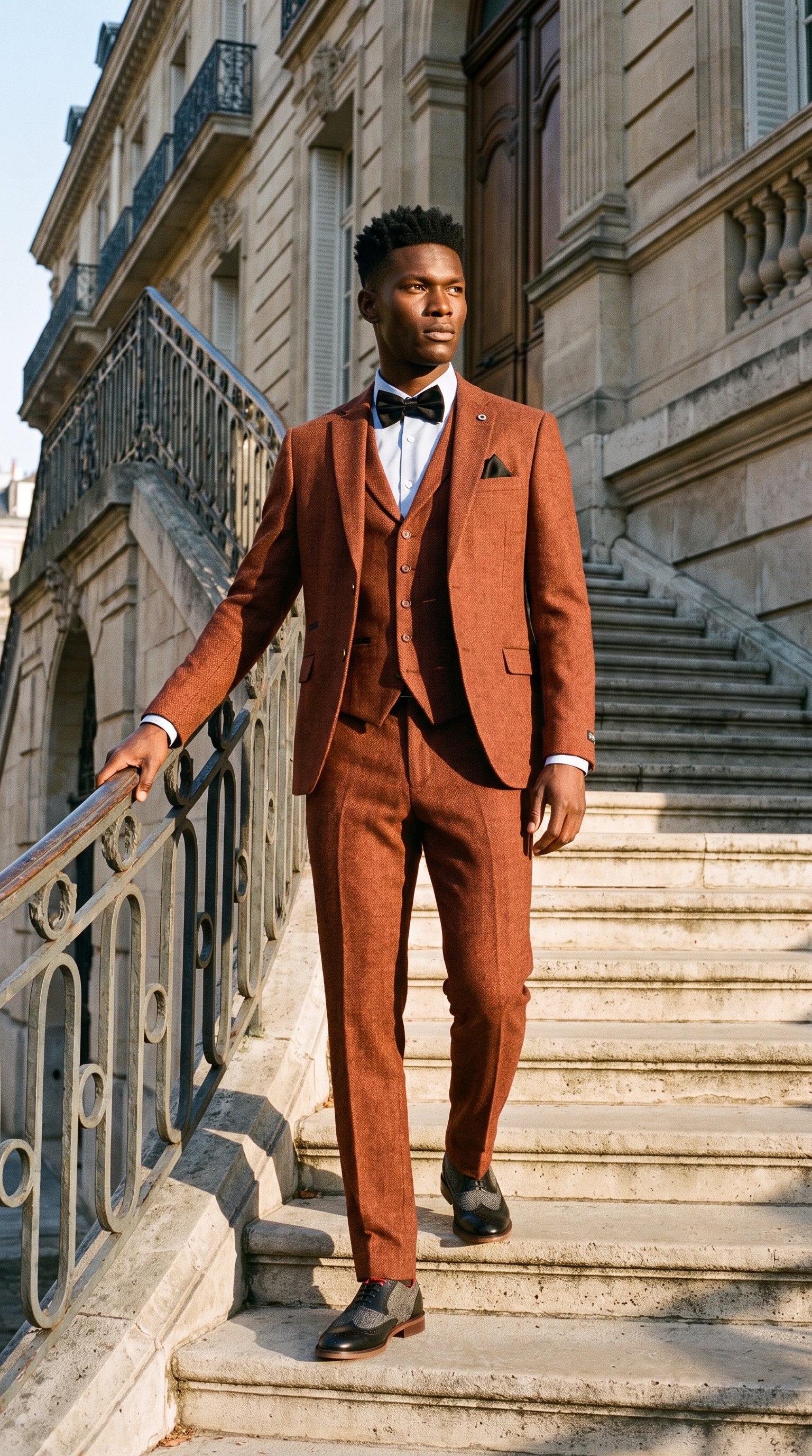 Look #279 styled with Rust Herringbone Tweed 3 Piece Suit