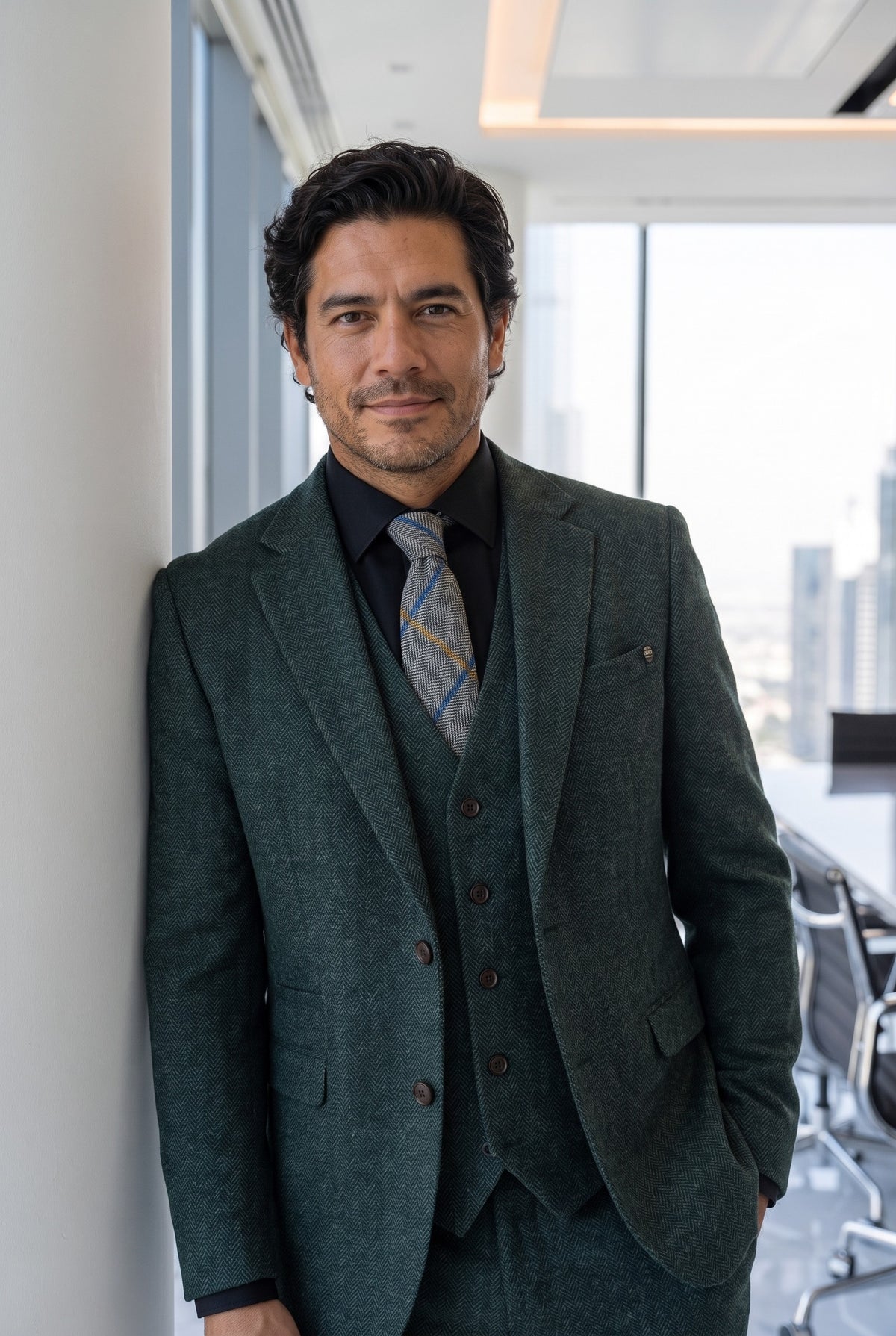 Look #976 styled with Thomas - Olive Green 3 Piece Wool Blend Tweed Suit