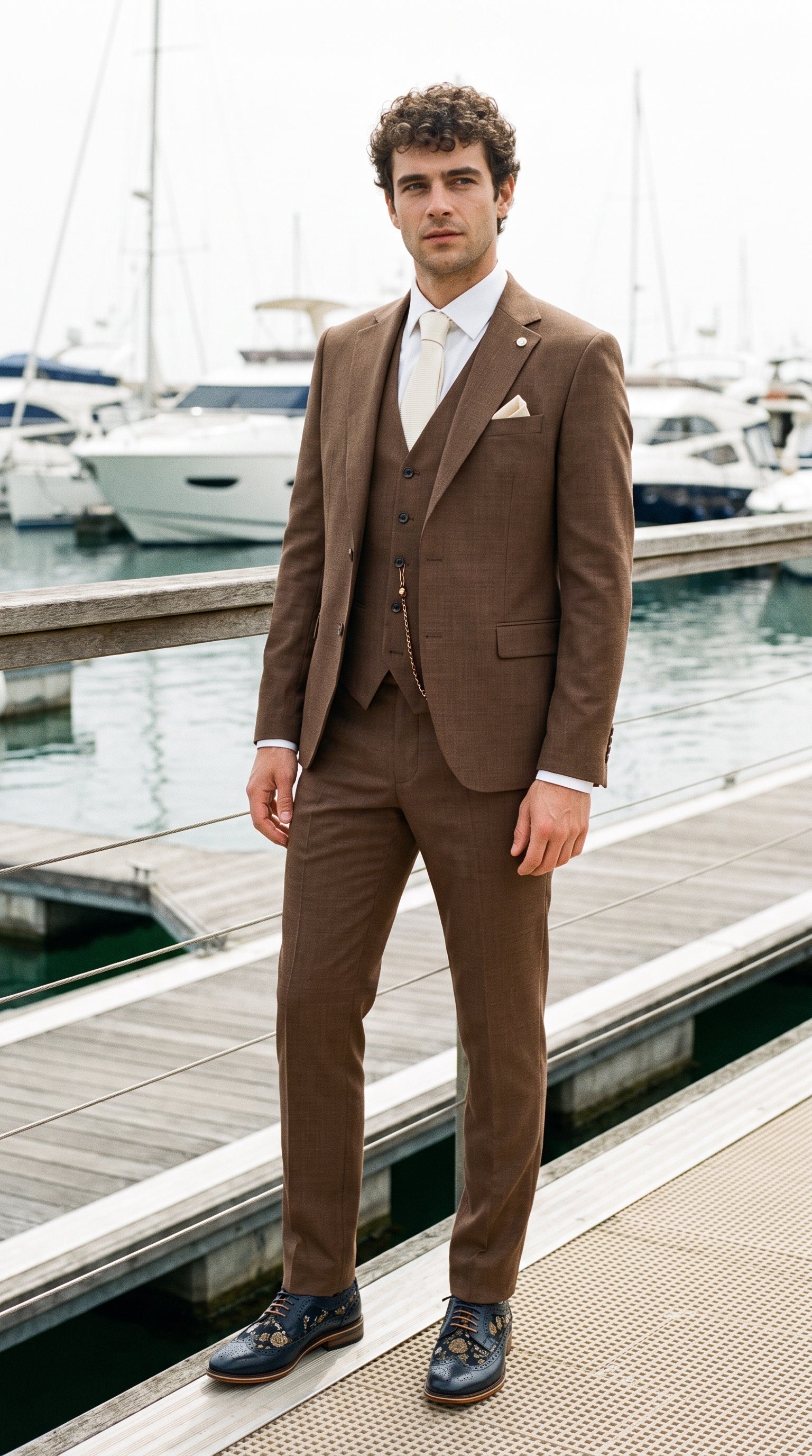 Look #307 styled with James Men's 3-Piece Plain Brown Suit with Classic Fit