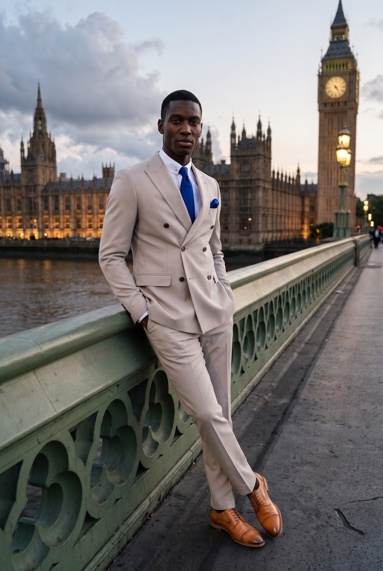 Look #658 styled with Mayfair - Men's Stone 2 Piece Double Brested Suit