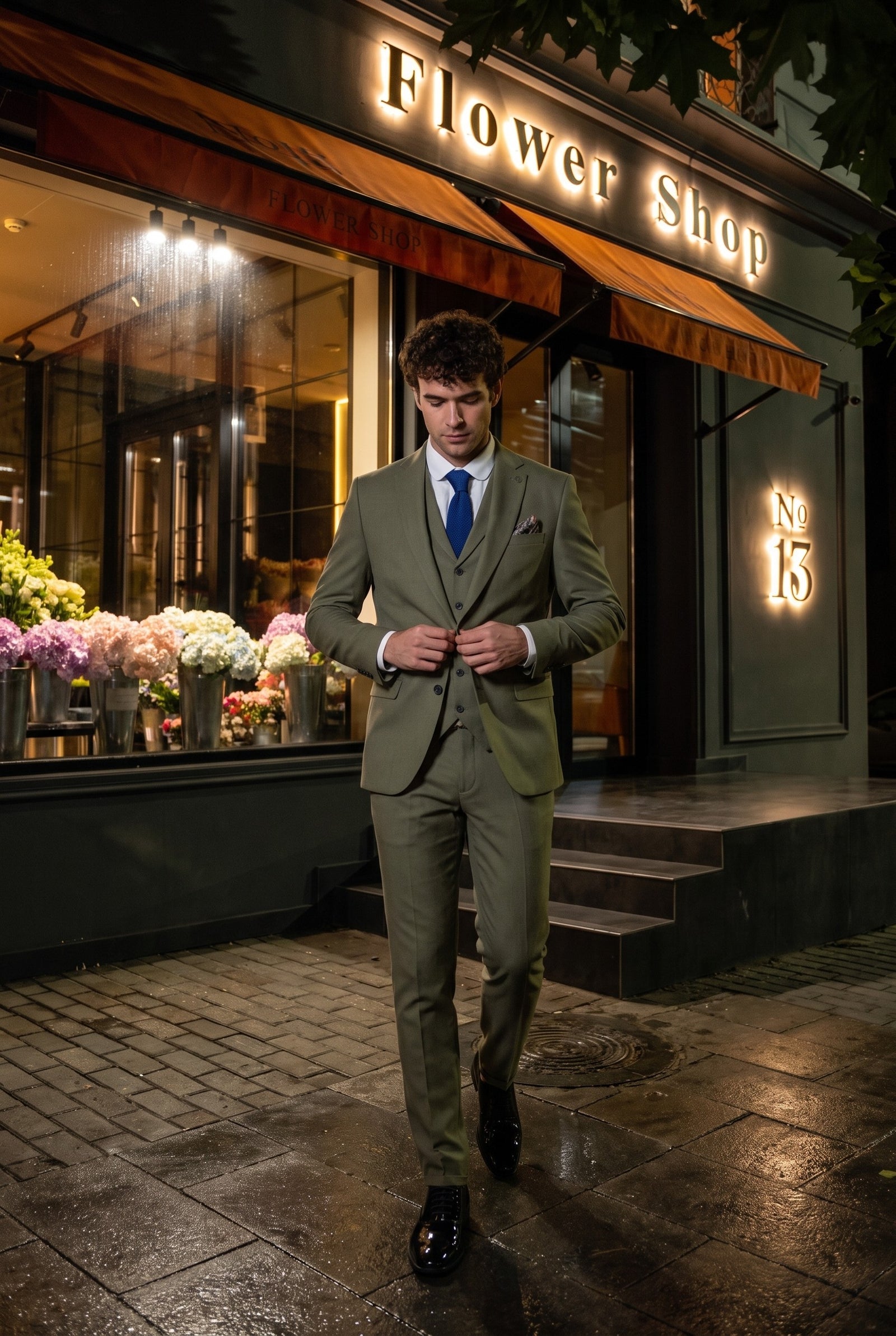 Look #158 styled with TP-22 Men's Sage 3-Piece Linen Summer Wedding Suit