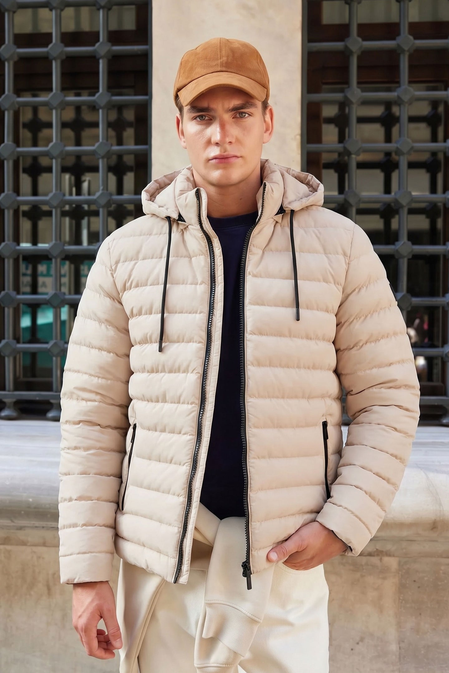 Men’s Beige Hooded Puffer Jacket Lightweight Quilted Zip Coat