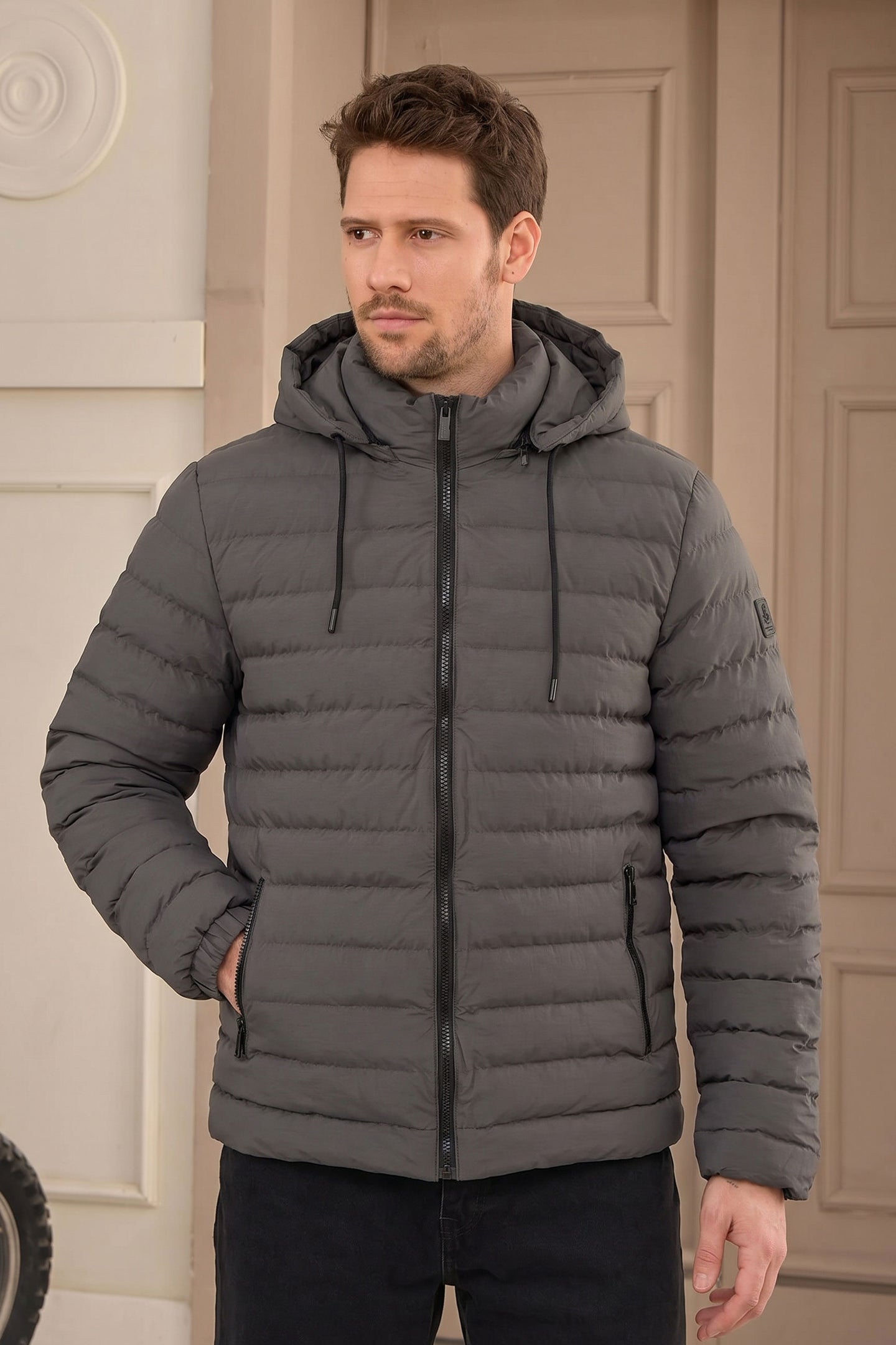 Men’s Grey Hooded Puffer Jacket Lightweight Quilted Zip Coat