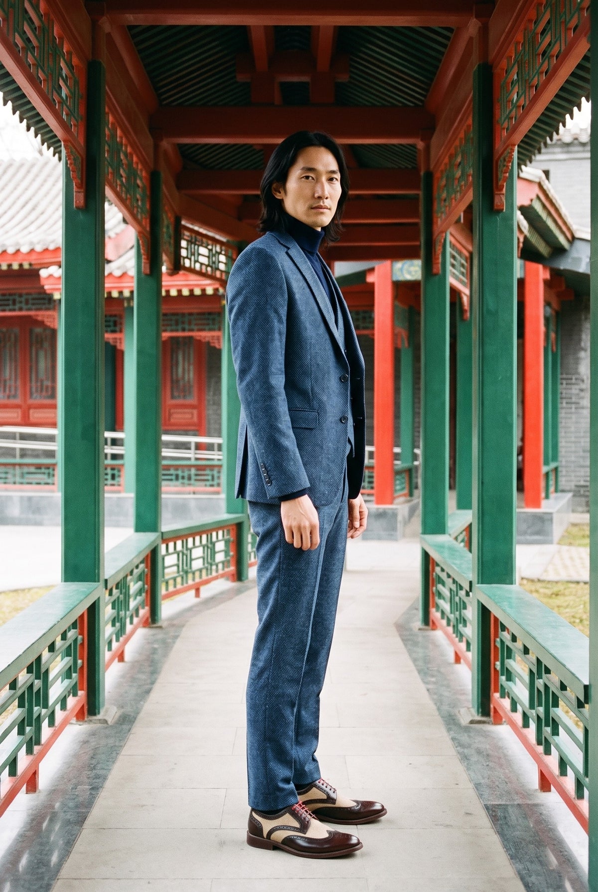 Look #381 styled with Mens 3 Piece Navy Suit with Double Breasted Waistcoat