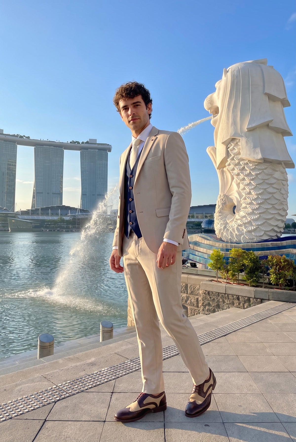 Look #1001 styled with Mayfair - Men's 3 Piece Cream Suit With Navy Waistcoat
