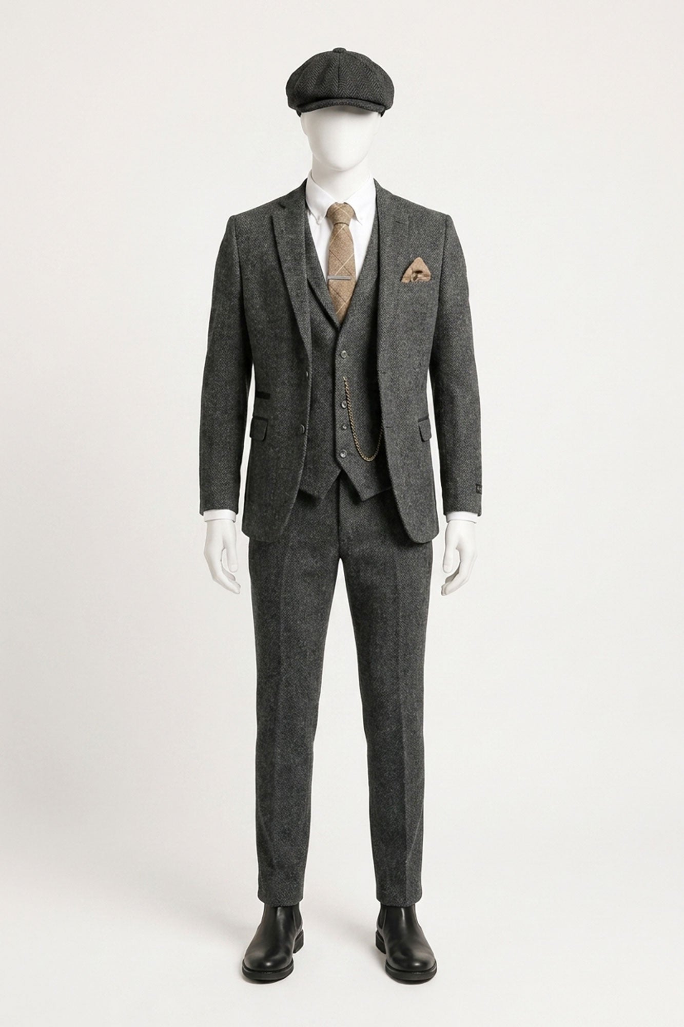 Men's Charcoal Grey 3 Piece Tweed Herringbone Suit - STZ11