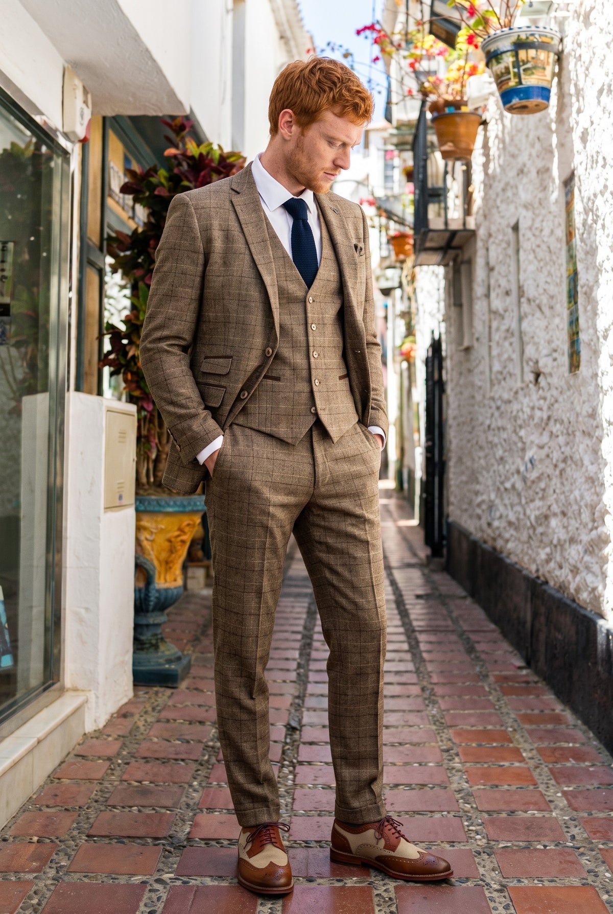 Look #573 styled with Liam - Men's 3 Piece Brown Checked Suit