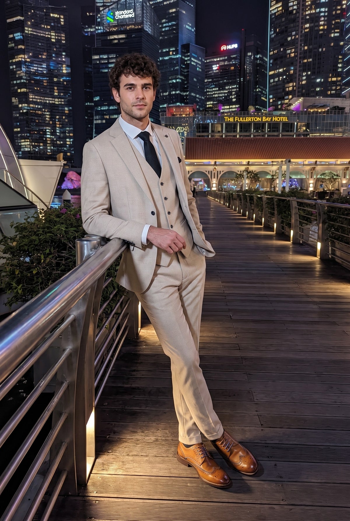 Look #772 styled with Regent - Cream 3 Piece Checked Wedding Suit for Men