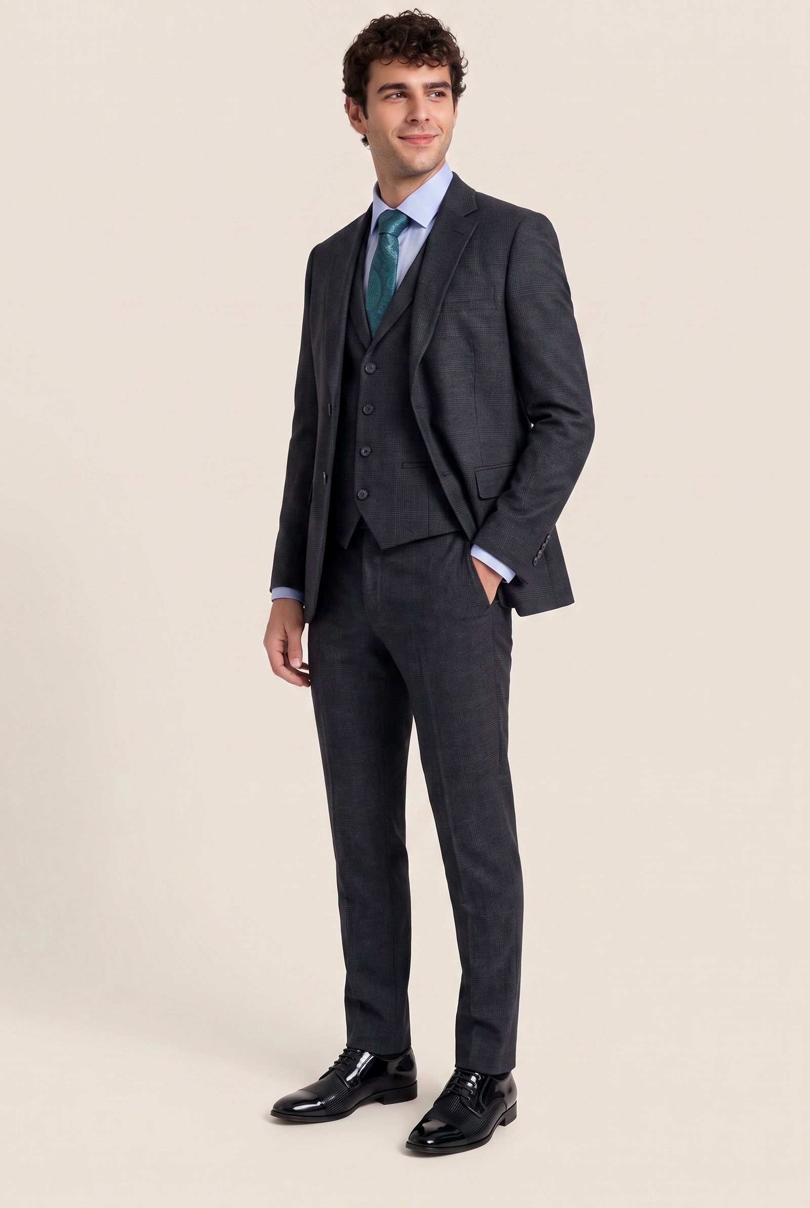 Look #964 styled with Men's Black Glen Check 3 Piece Suit
