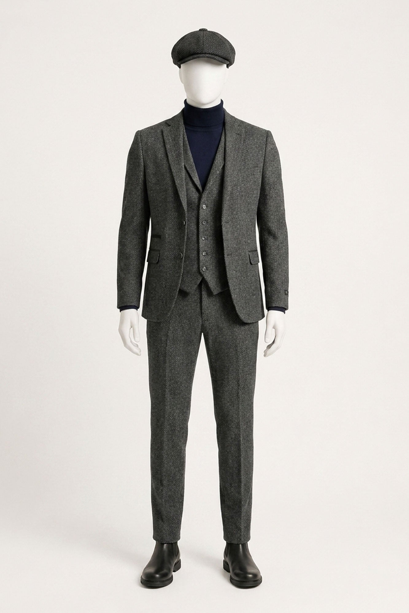 Men's Charcoal Grey 3 Piece Tweed Herringbone Suit - STZ11