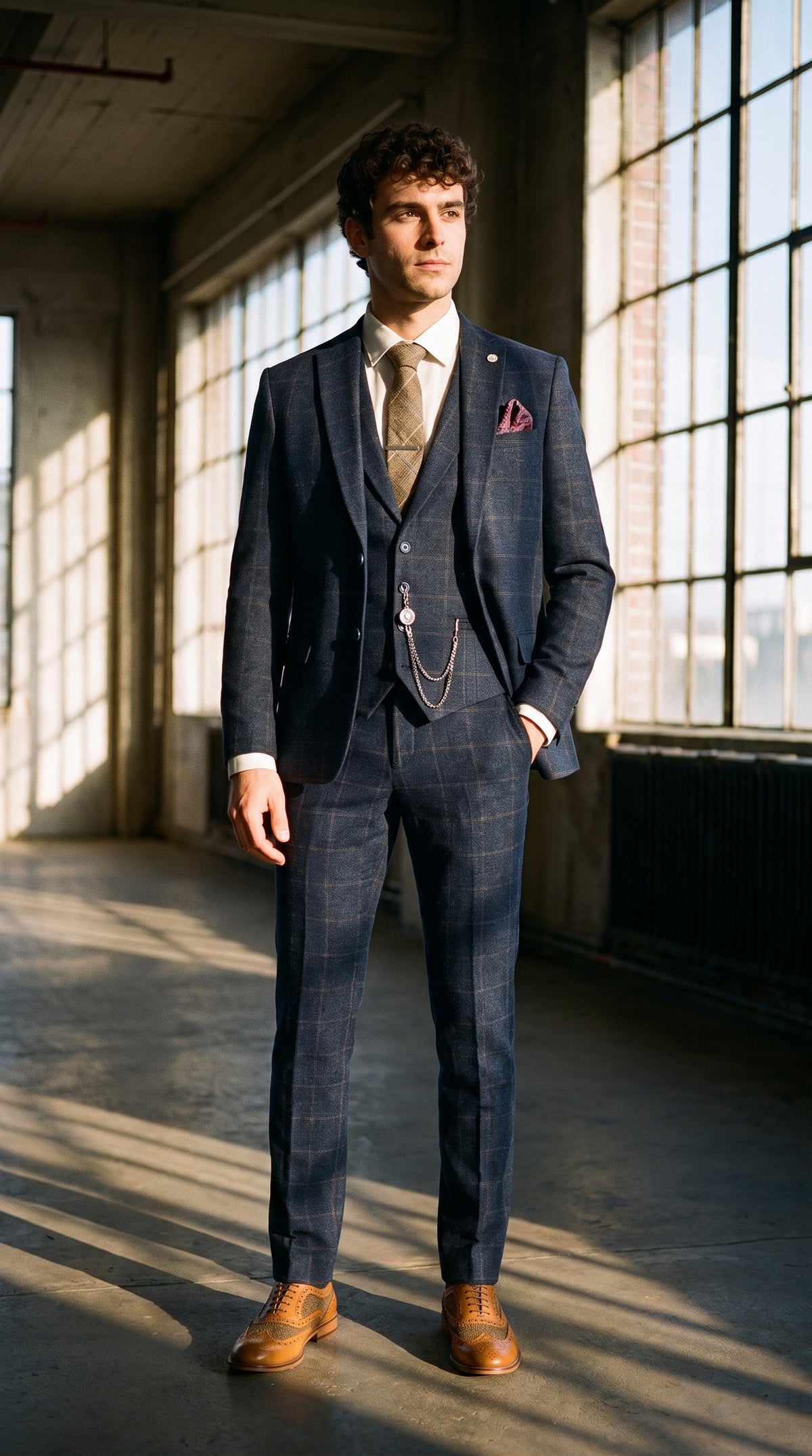 Look #725 styled with Men's 3 Piece Suit Wool Tweed Navy Blue Brown Check 1920s Gatsby