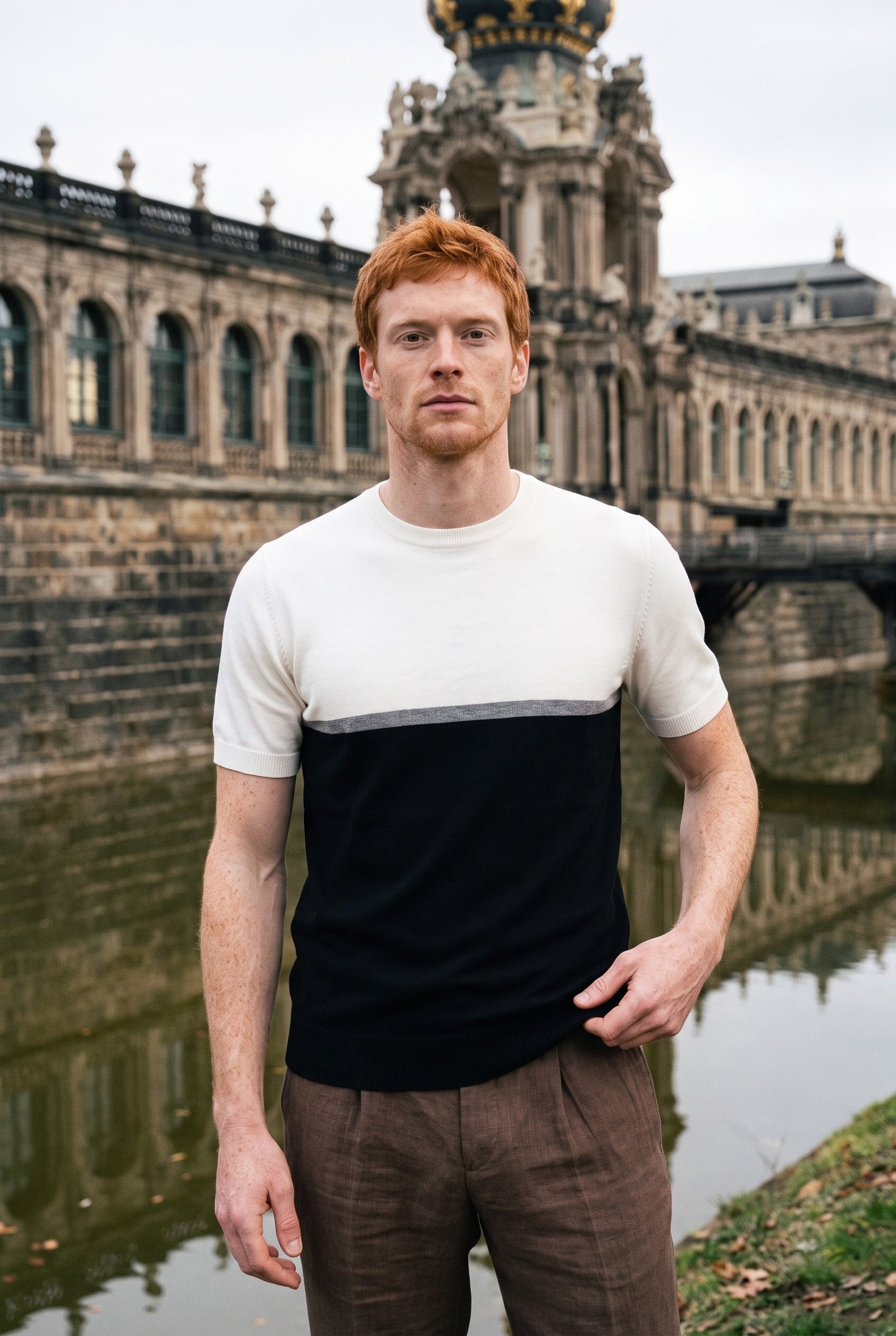Look #879 styled with White and Black Colour Block Knitted T-Shirt for Men