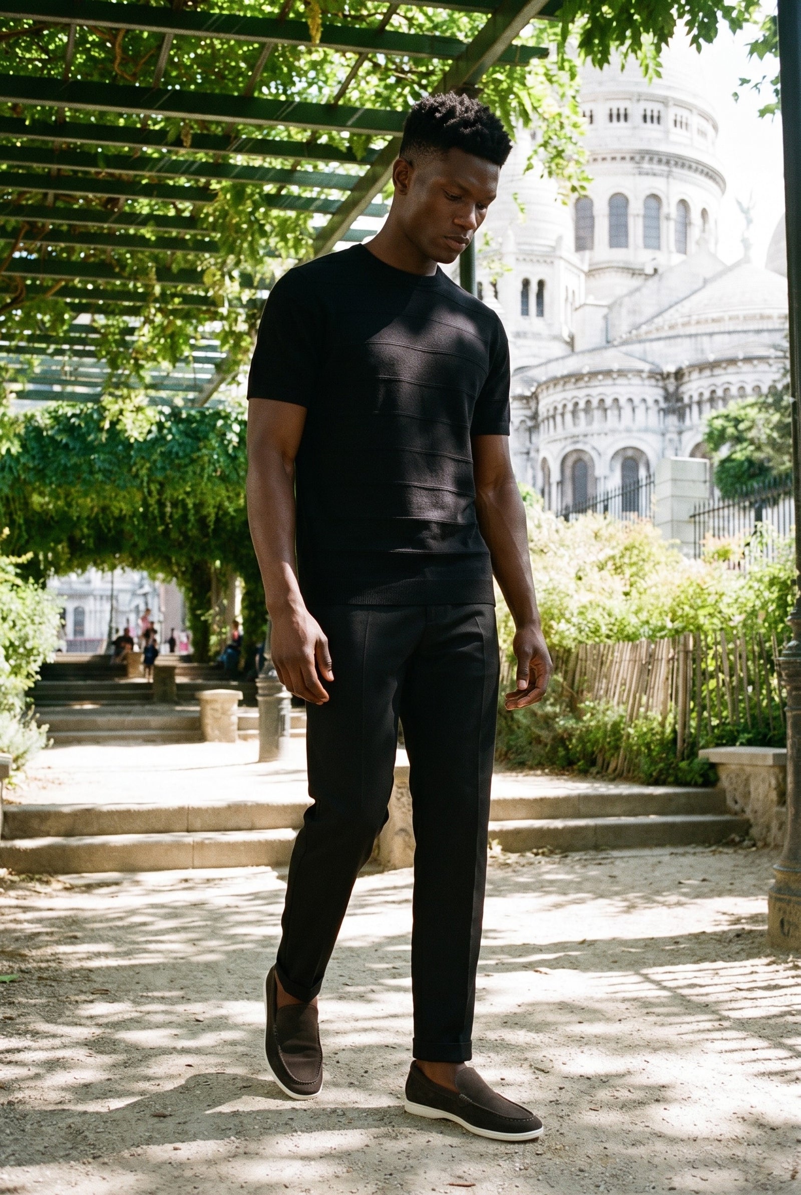 Look #870 styled with Black Textured Knitted T-Shirt for Men