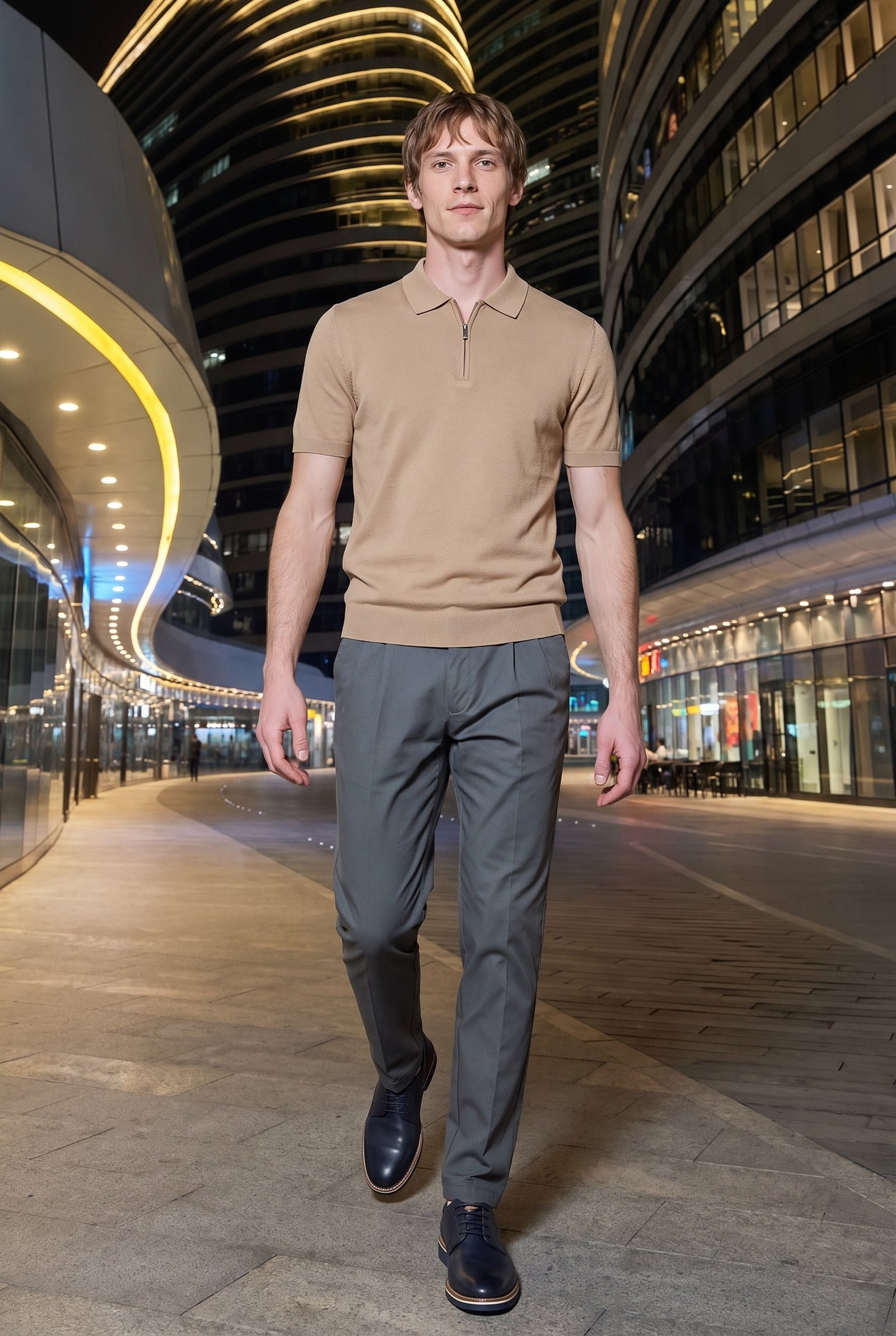 Look #977 styled with Beige Zip Neck Knitted Polo Shirt for Men