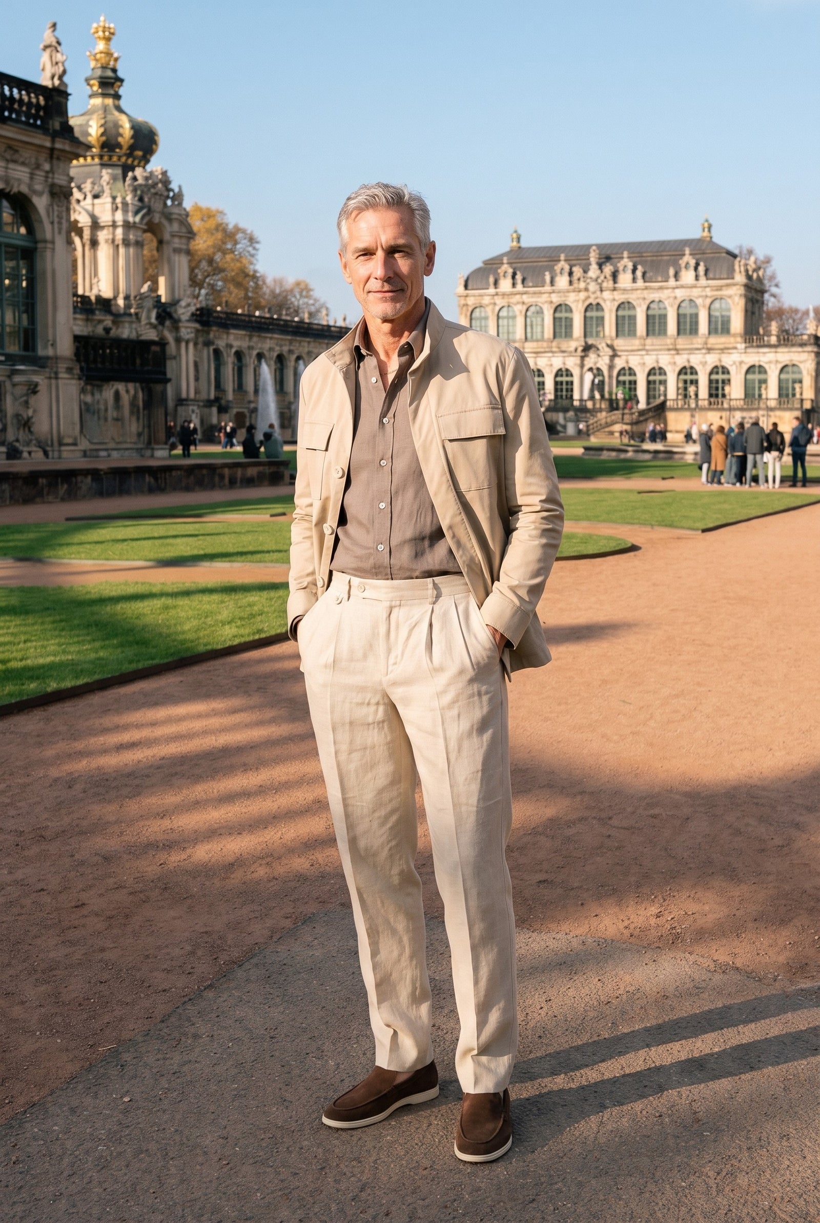 Look #871 styled with Men’s Light Brown Pure Linen Shirt Long Sleeve Button-Down Summer Shirt