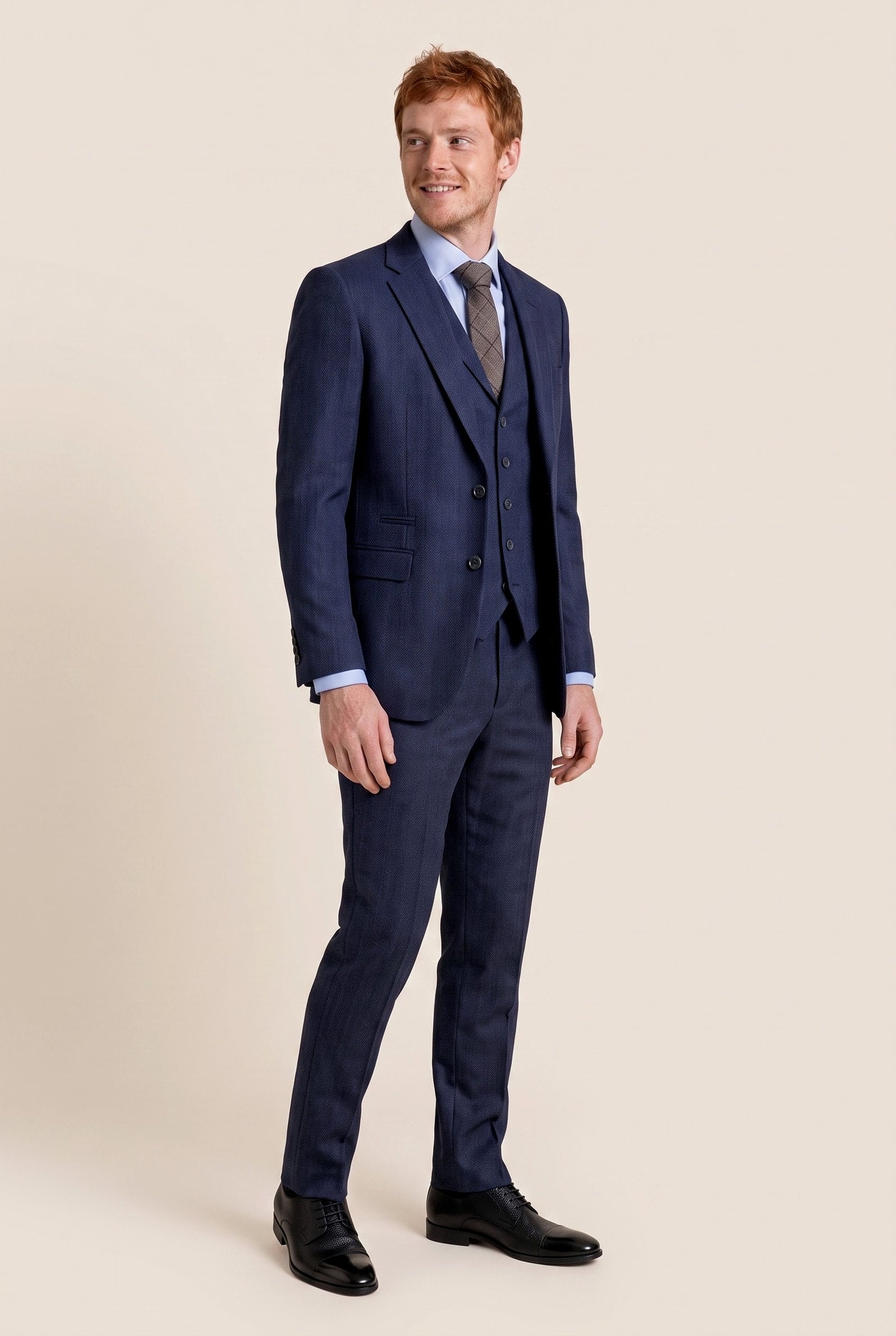 Look #987 styled with Men's Navy-Blue Herringbone Tweed 3 Piece Suit