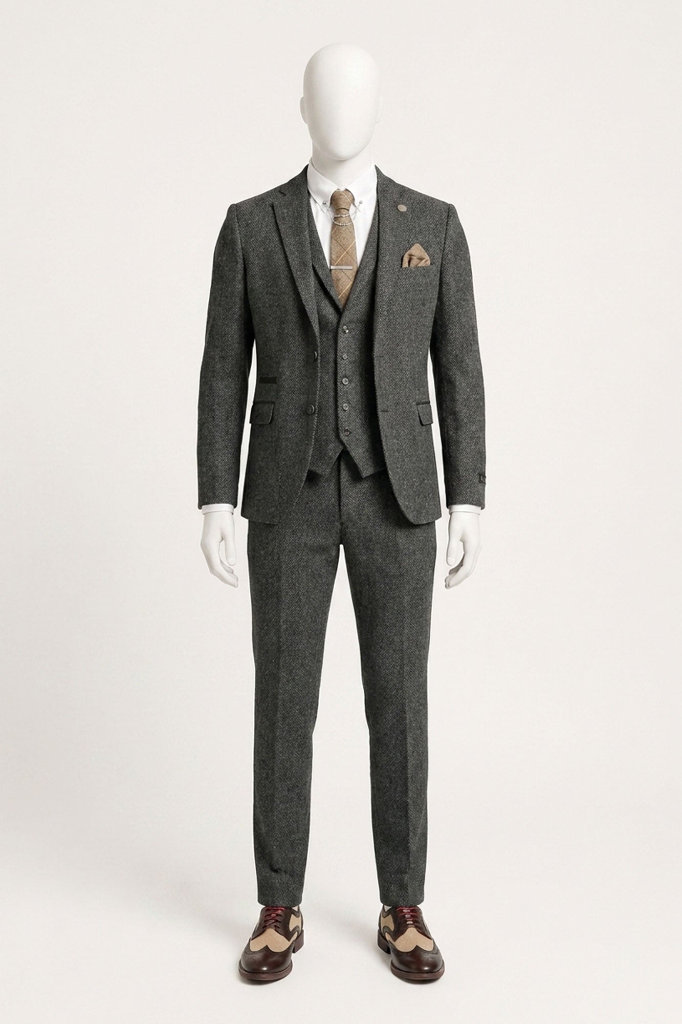 Men's Charcoal Grey 3 Piece Tweed Herringbone Suit - STZ11