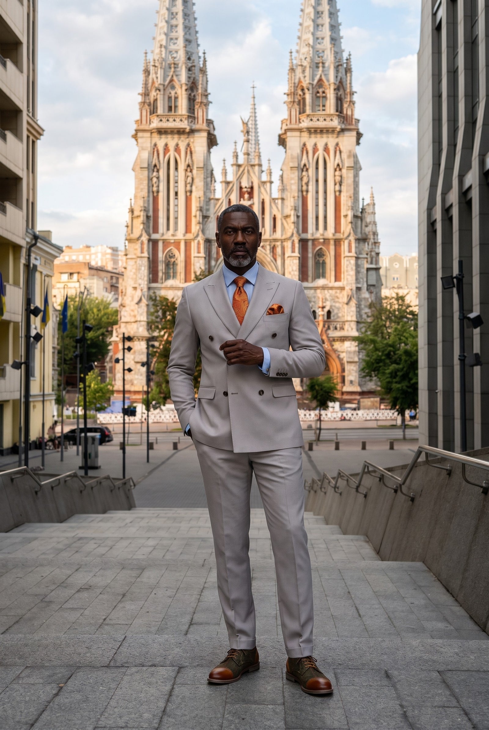 Look #655 styled with Mayfair - Men's Stone 2 Piece Double Brested Suit
