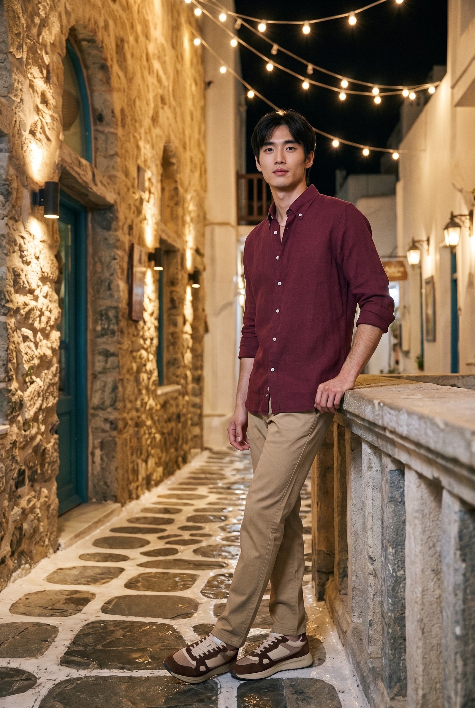 Look #1031 styled with Men’s Khaki Linen Blend Chino Trousers Tencel Cotton Thin Summer Material