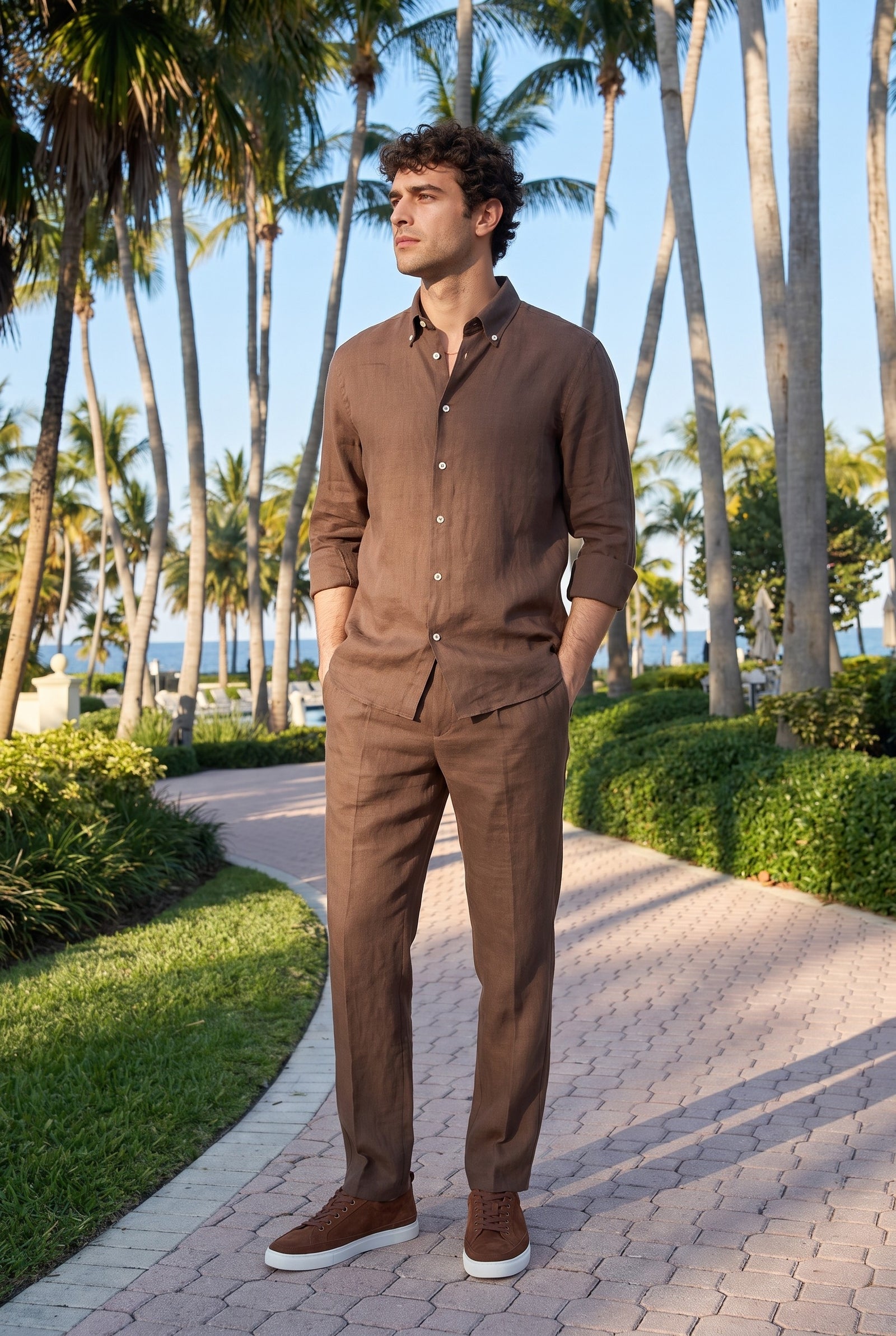 Look #872 styled with Men’s Dark Brown Pure Linen Shirt Long Sleeve Button-Down Summer Shirt