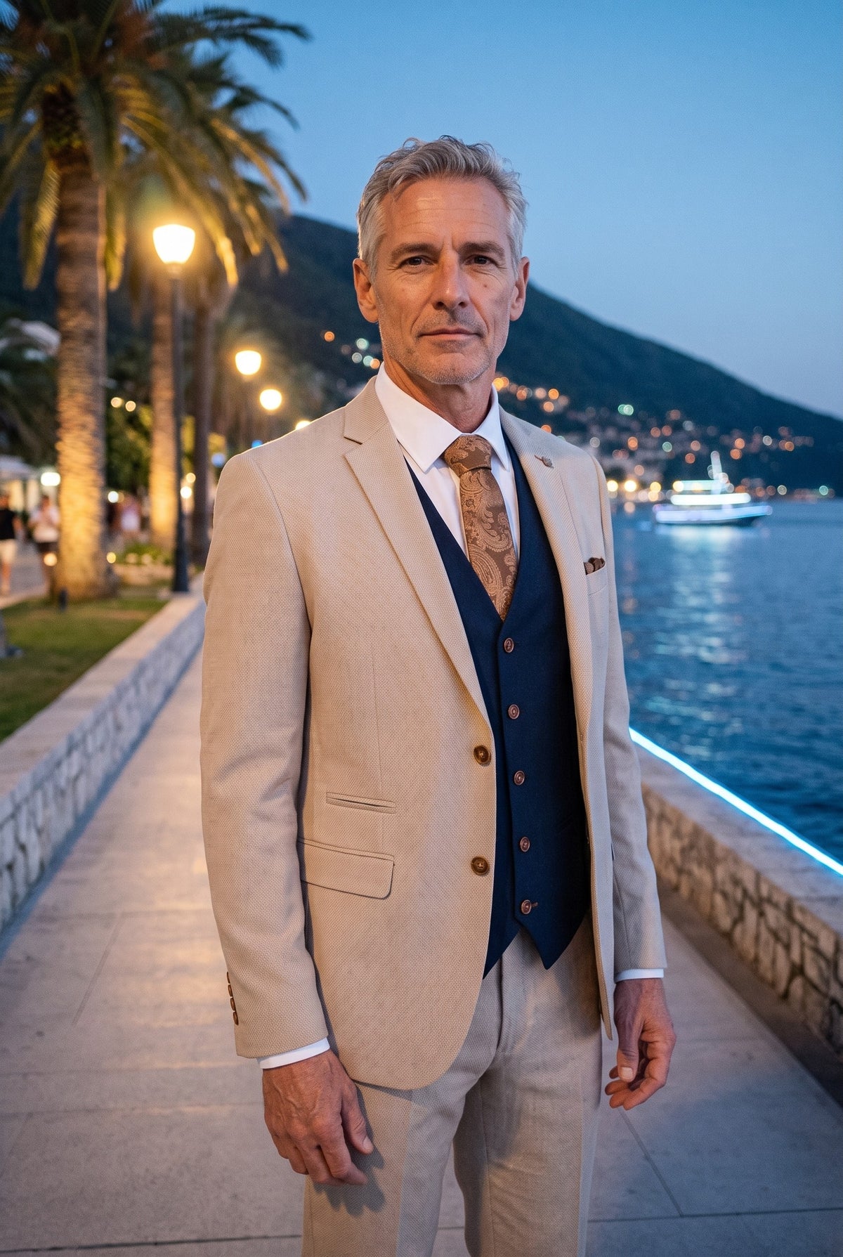 Look #944 styled with Mayfair - Men's 3 Piece Cream Suit With Navy Waistcoat