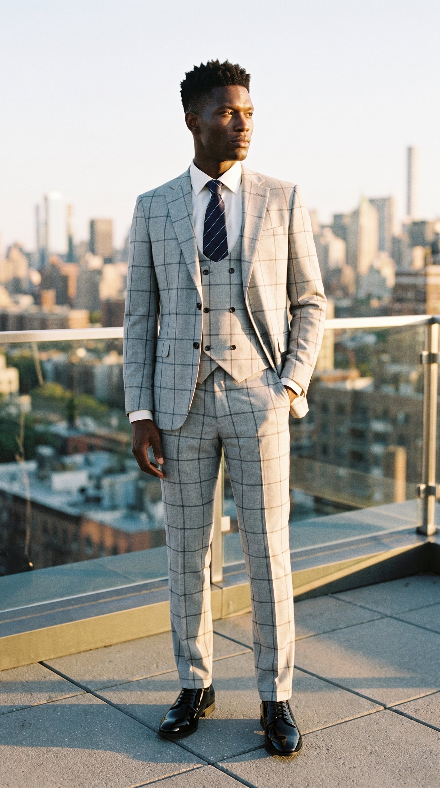 Look #332 styled with Light Grey Check 3 Piece Suit