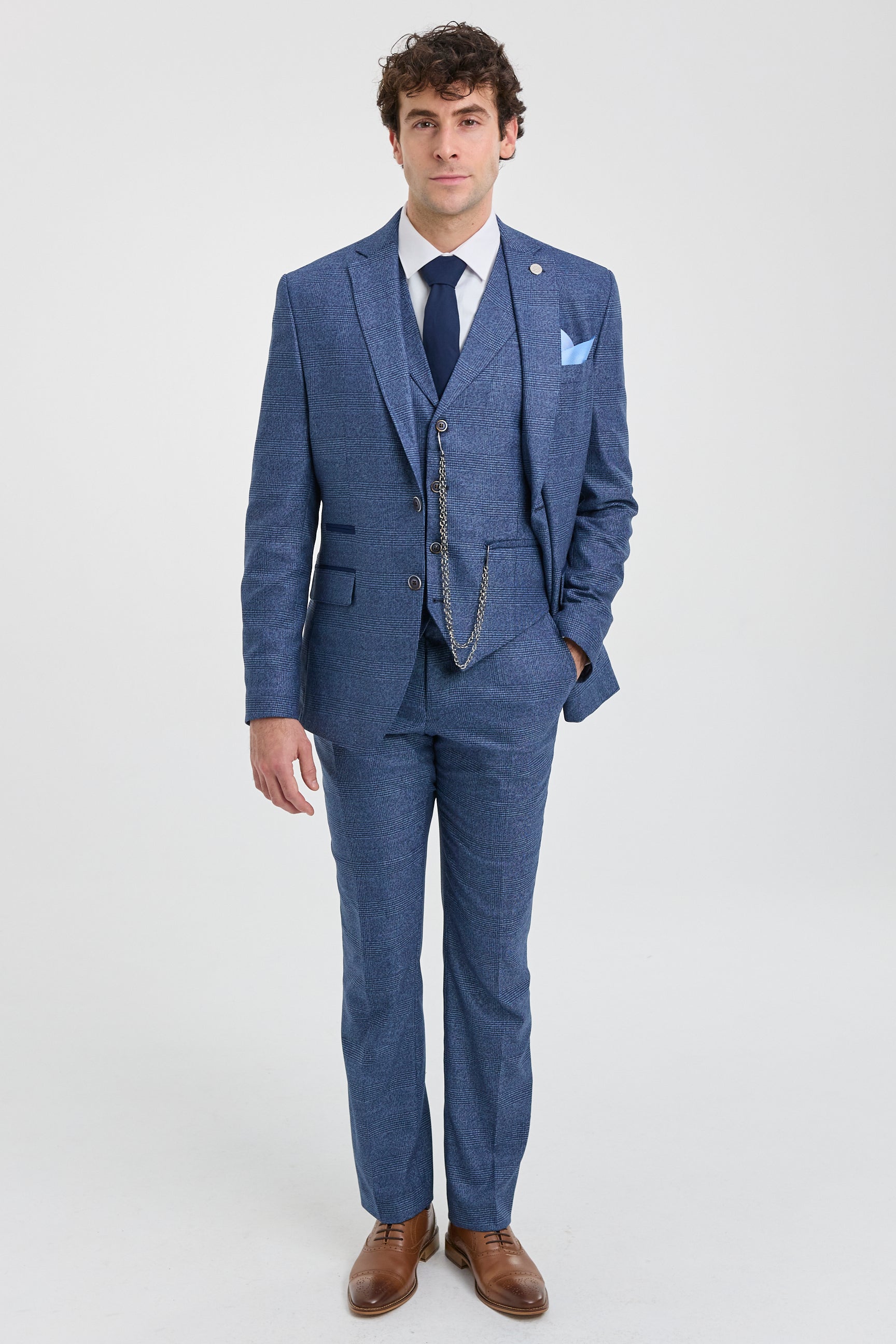 AK-09 Men's 3-Piece Tailored Blue Prince of Wales Check Suit