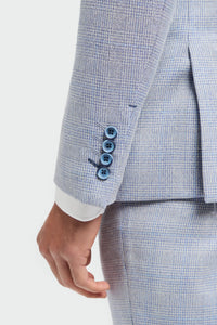 Men's Light Blue Check Prince of Wales 3-Piece Suit with Navy Waistcoat