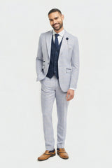 Men's Light Blue Check Prince of Wales 3-Piece Suit with Navy Waistcoat