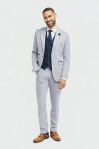 Men's Light Blue Check Prince of Wales 3-Piece Suit with Navy Waistcoat