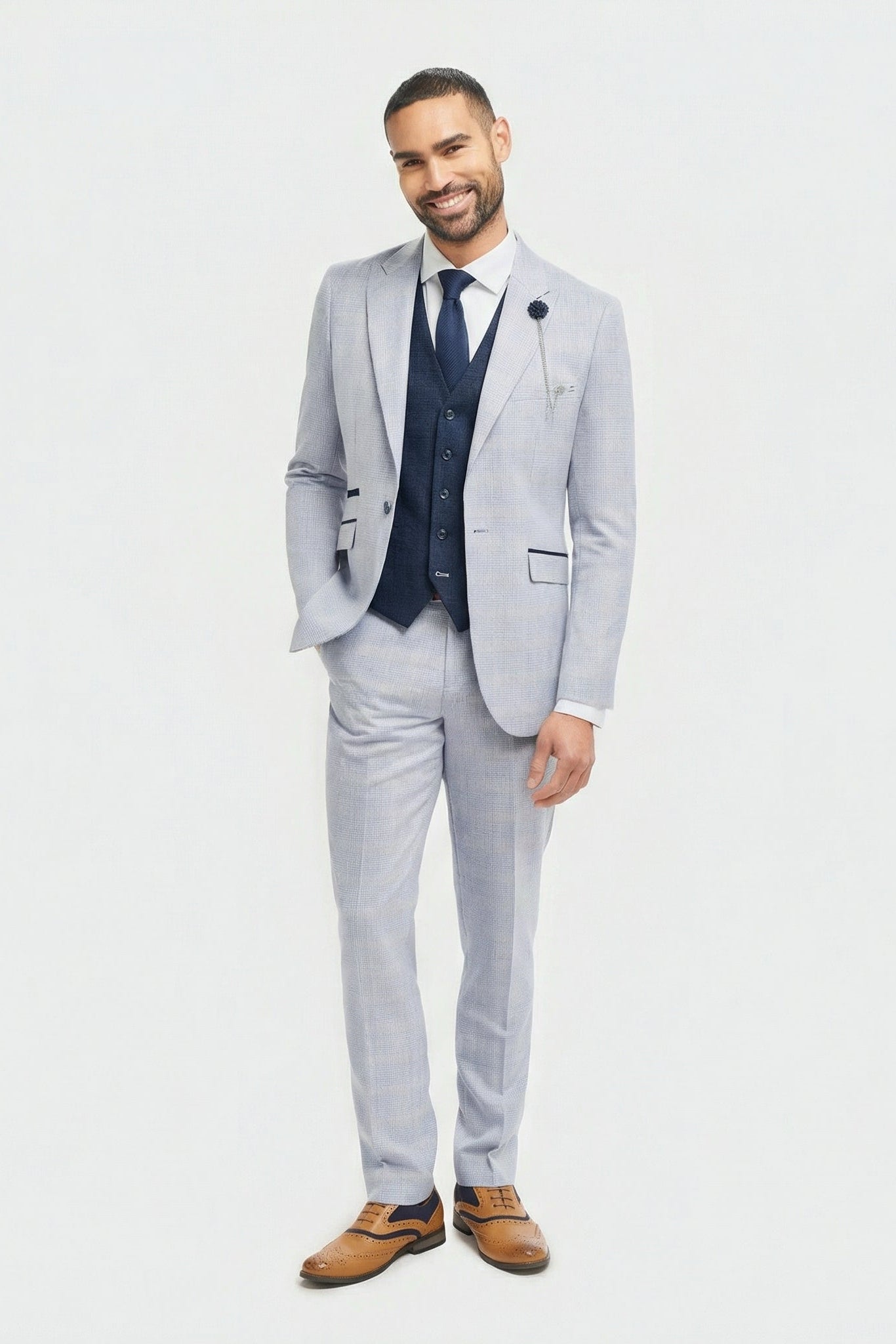 Men's Light Blue Check Prince of Wales 3-Piece Suit with Navy Waistcoat