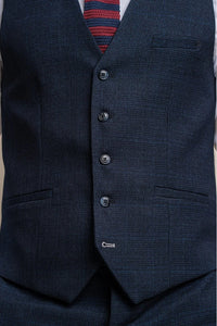 Men's Light Blue Check Prince of Wales 3-Piece Suit with Navy Waistcoat