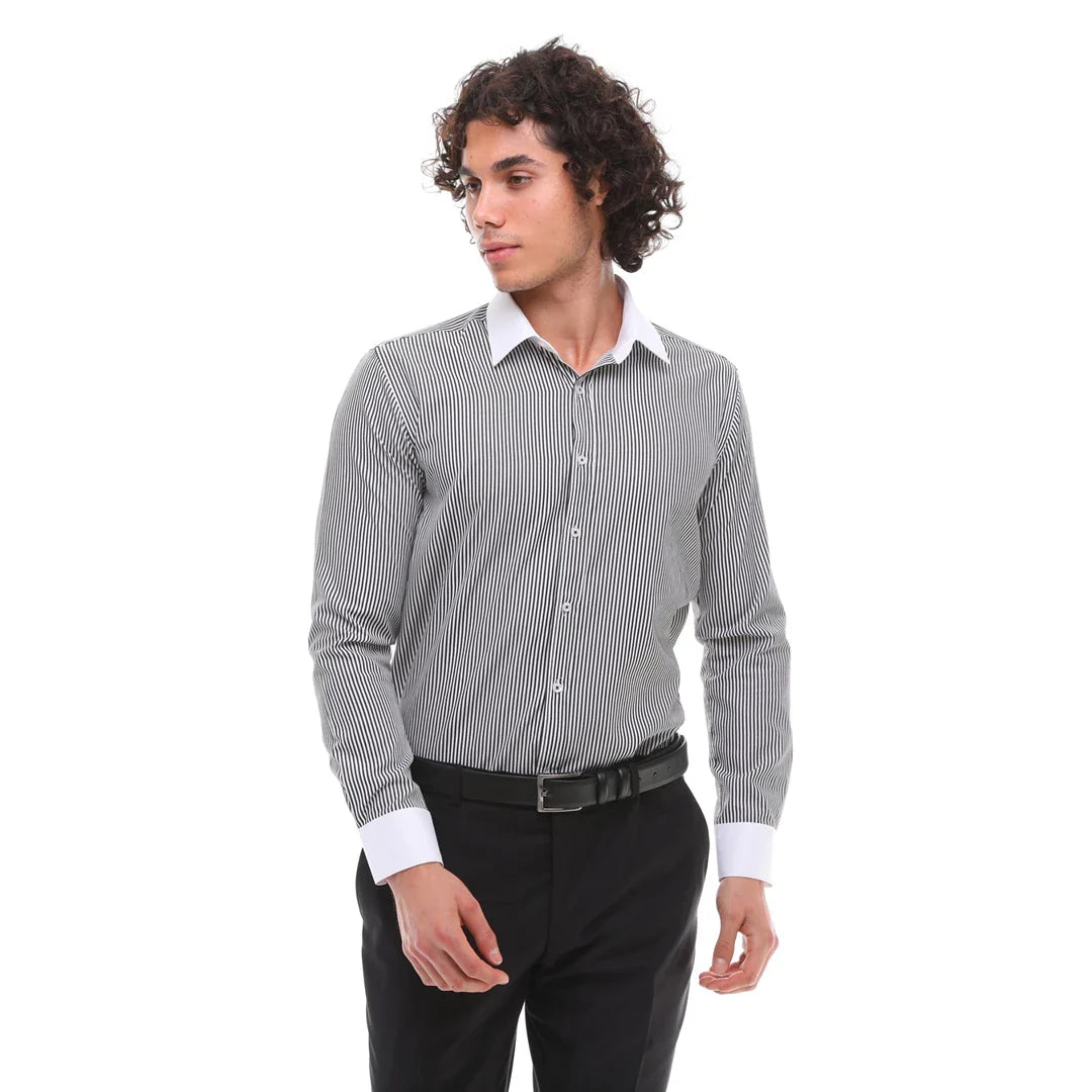 Men's Button Down Stripe Dress Shirt Formal Classic Collar - Black