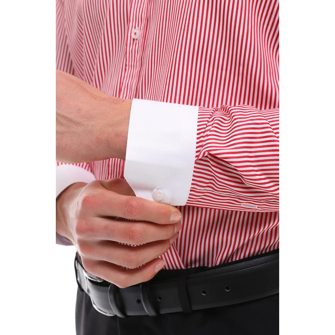 Men's Button Down Stripe Dress Shirt Formal Classic Collar - Red