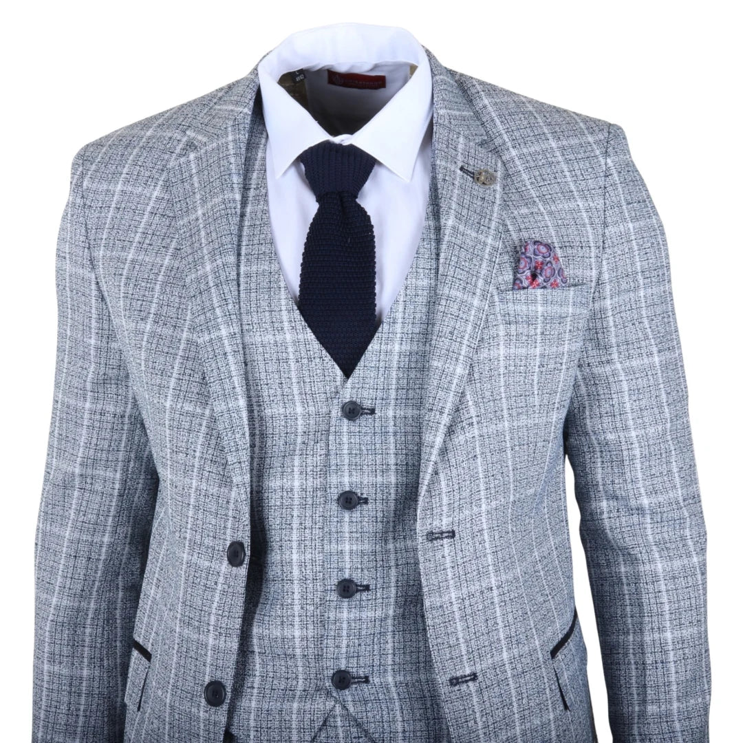 Men's Light Blue 3 Piece Plaid Check Suit