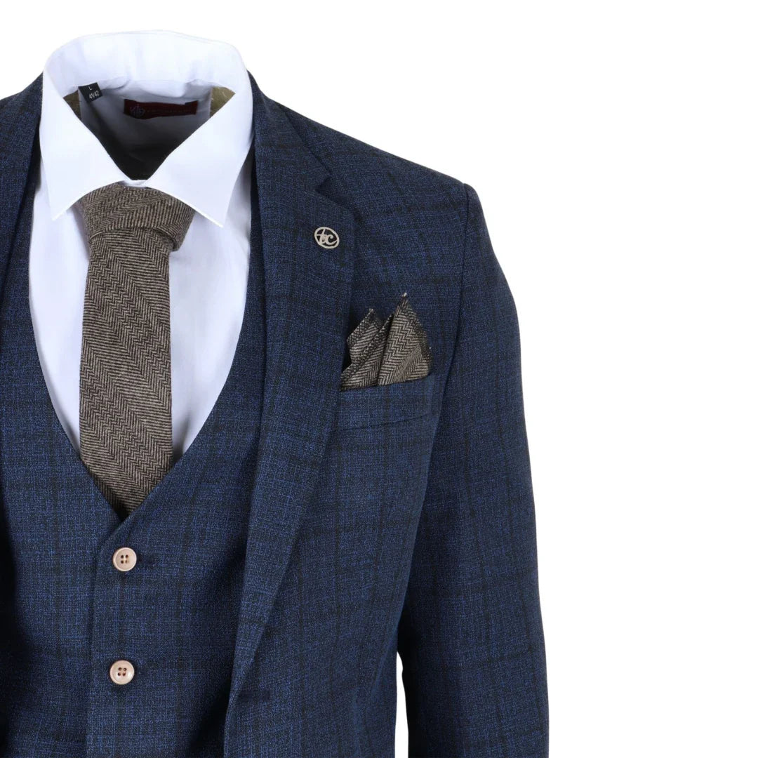 IM11 - Men's Navy 3 Piece Plaid Check Suit