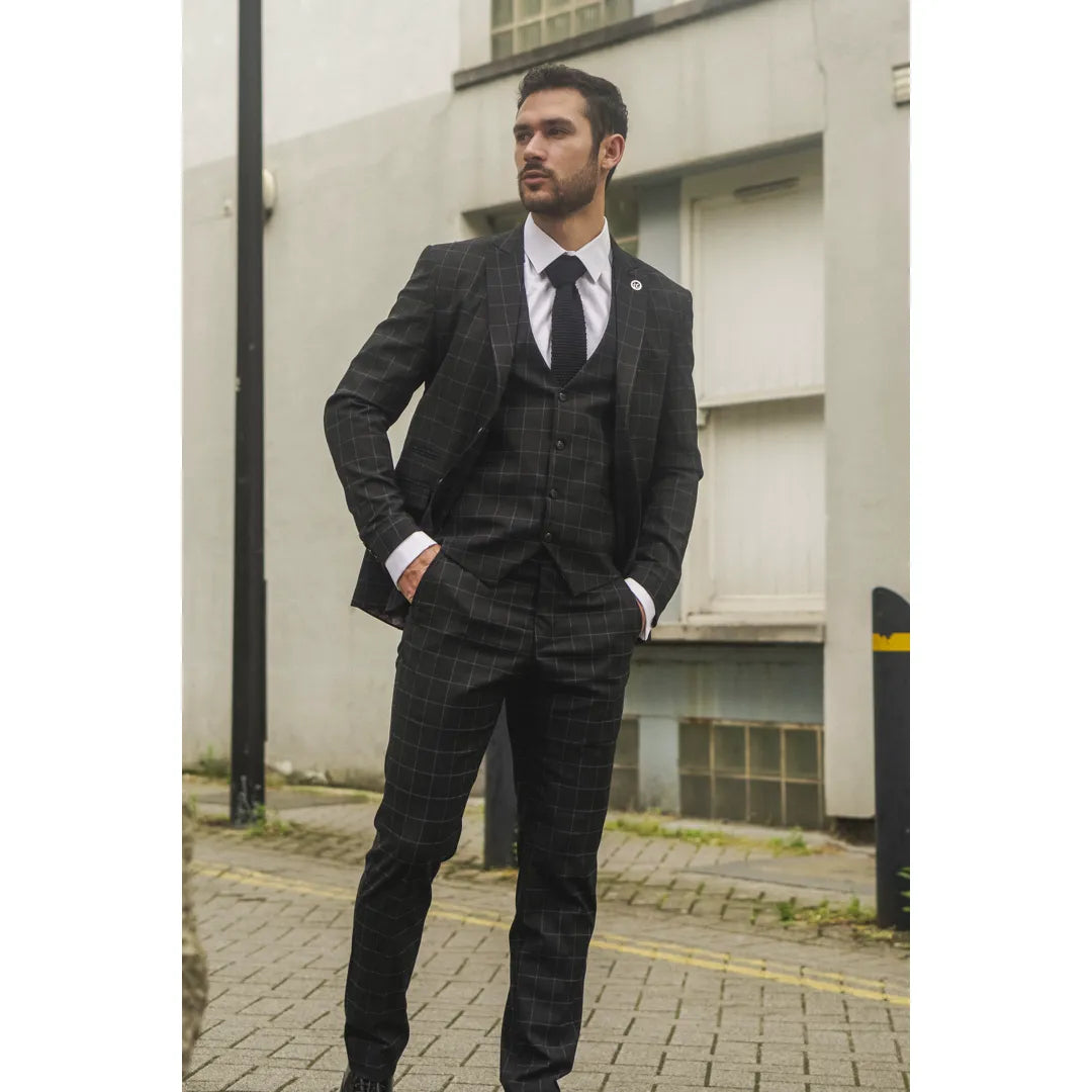 IM3 Men's Black Checked Tailored Fit 3-Piece Suit