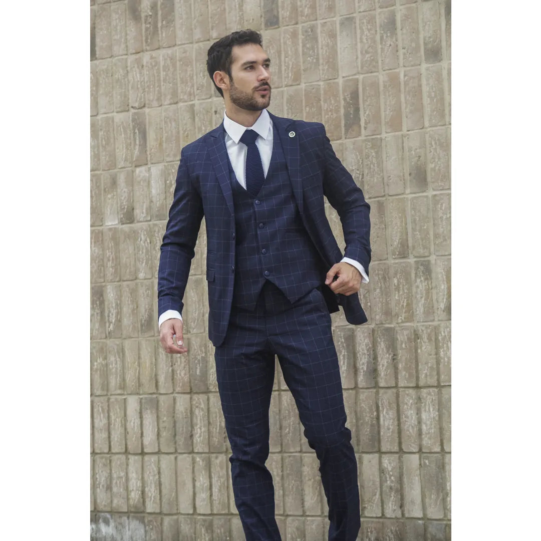IM3 Men's Navy Checked Tailored Fit 3-Piece Suit