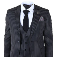 IM45 - Men's Pinstripe 3 Piece Black Suit Mafia Style