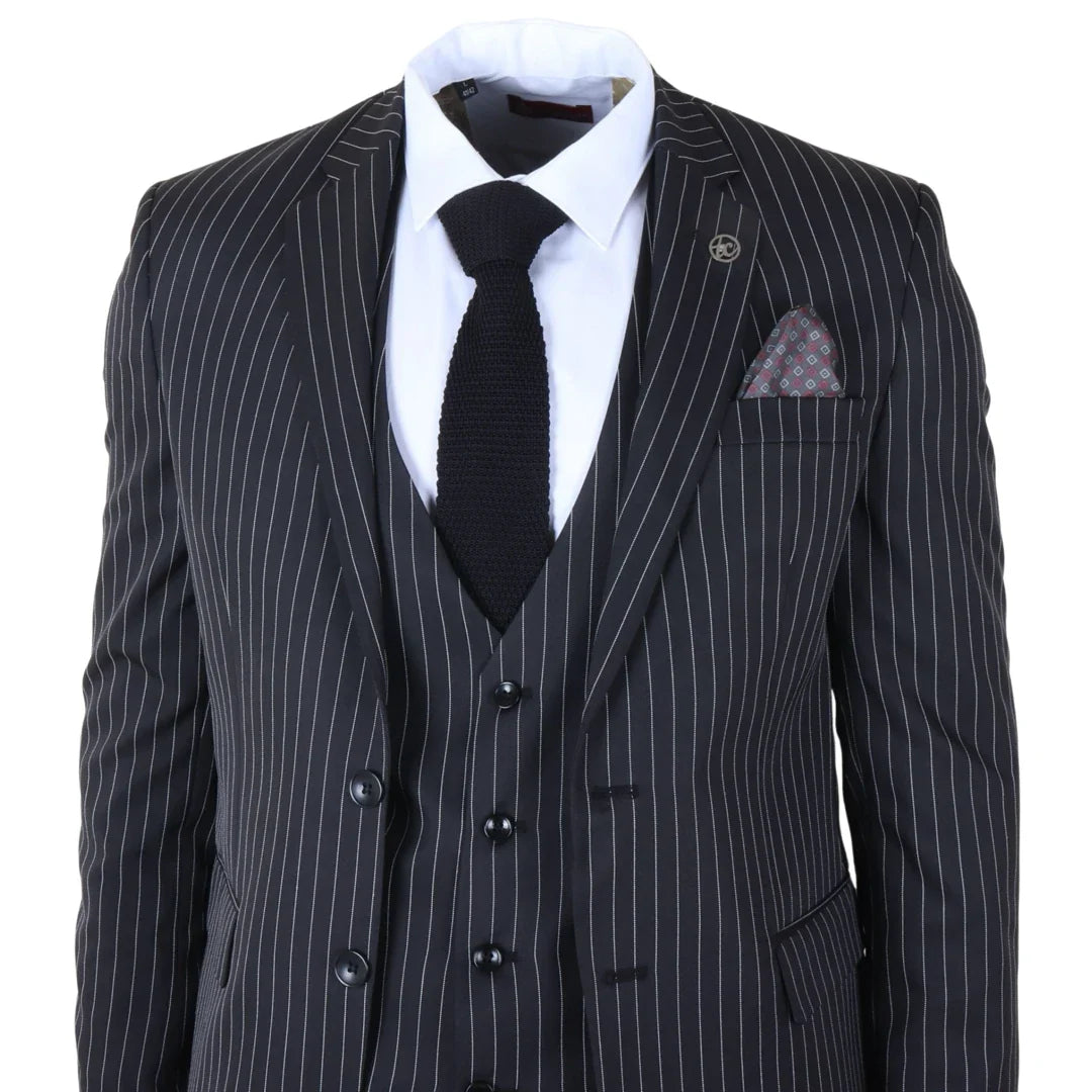 IM45 - Men's Pinstripe 3 Piece Black Suit Mafia Style
