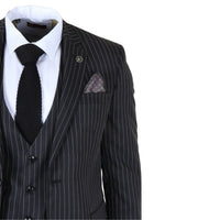 IM45 - Men's Pinstripe 3 Piece Black Suit Mafia Style