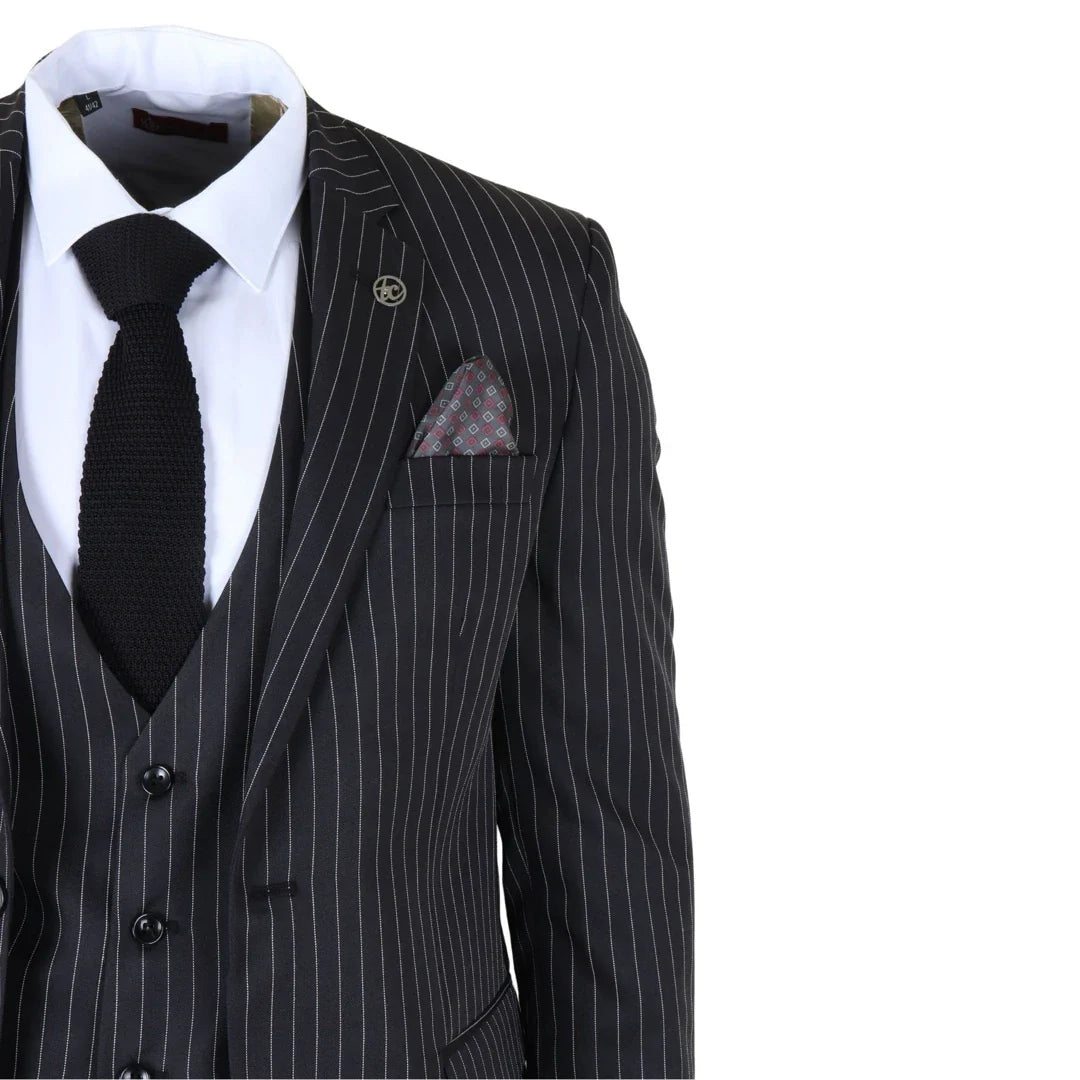 IM45 - Men's Pinstripe 3 Piece Black Suit Mafia Style