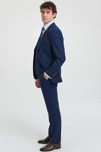 Mens Navy 3 piece Suit Brown Trim Classic Birdseye Vintage Wedding Grooms