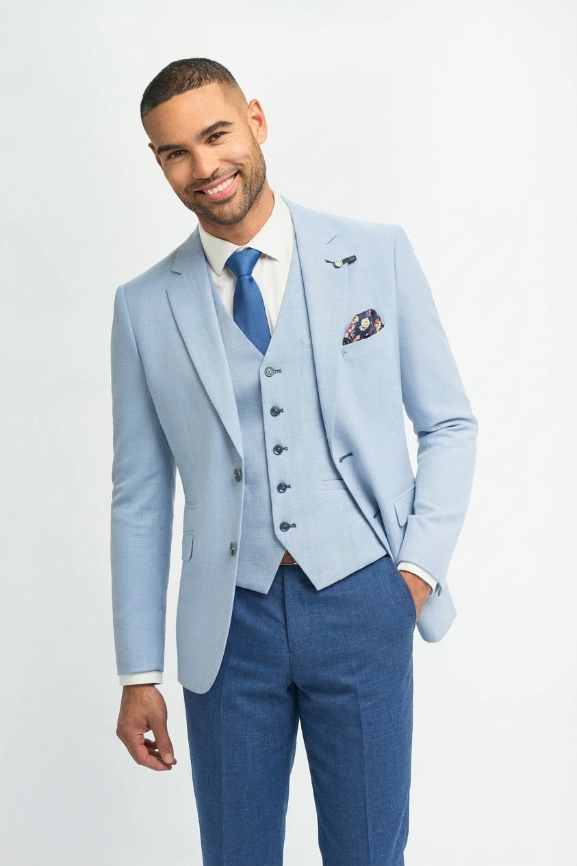 Men's Linen Sky Blue Summer Wedding Suit with Navy Trousers