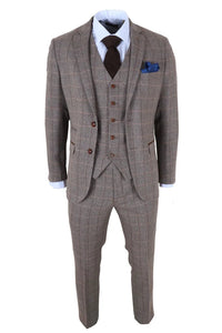 Harris - Men's Brown 3 Piece Herringbone Check Tweed Suit
