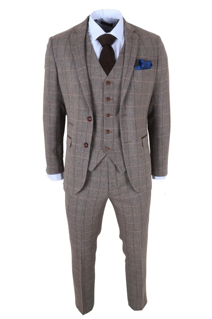 Harris - Men's Brown 3 Piece Herringbone Check Tweed Suit