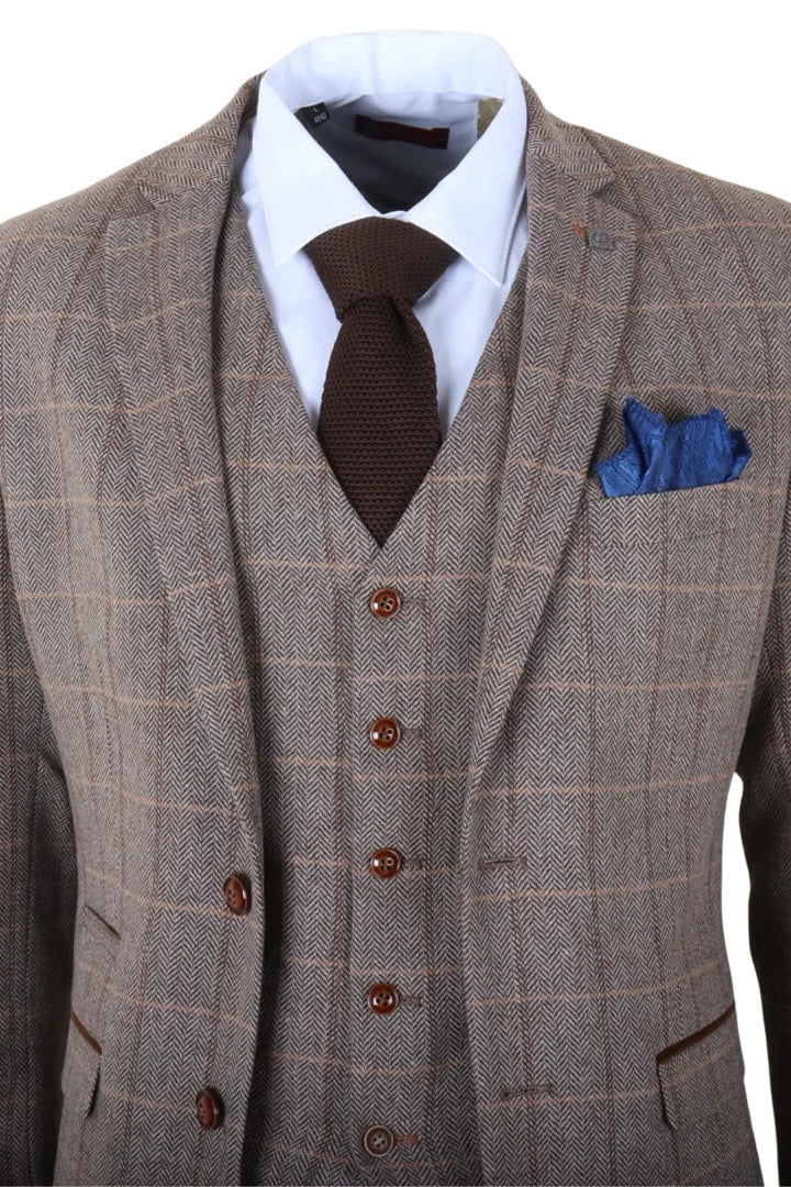 Harris - Men's Brown 3 Piece Herringbone Check Tweed Suit