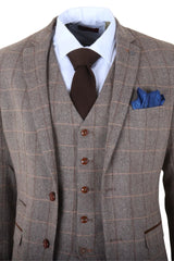 Harris - Men's Brown 3 Piece Herringbone Check Tweed Suit